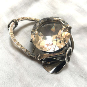 Sterling Silver Lily Estate Brooch Large Cut Glass